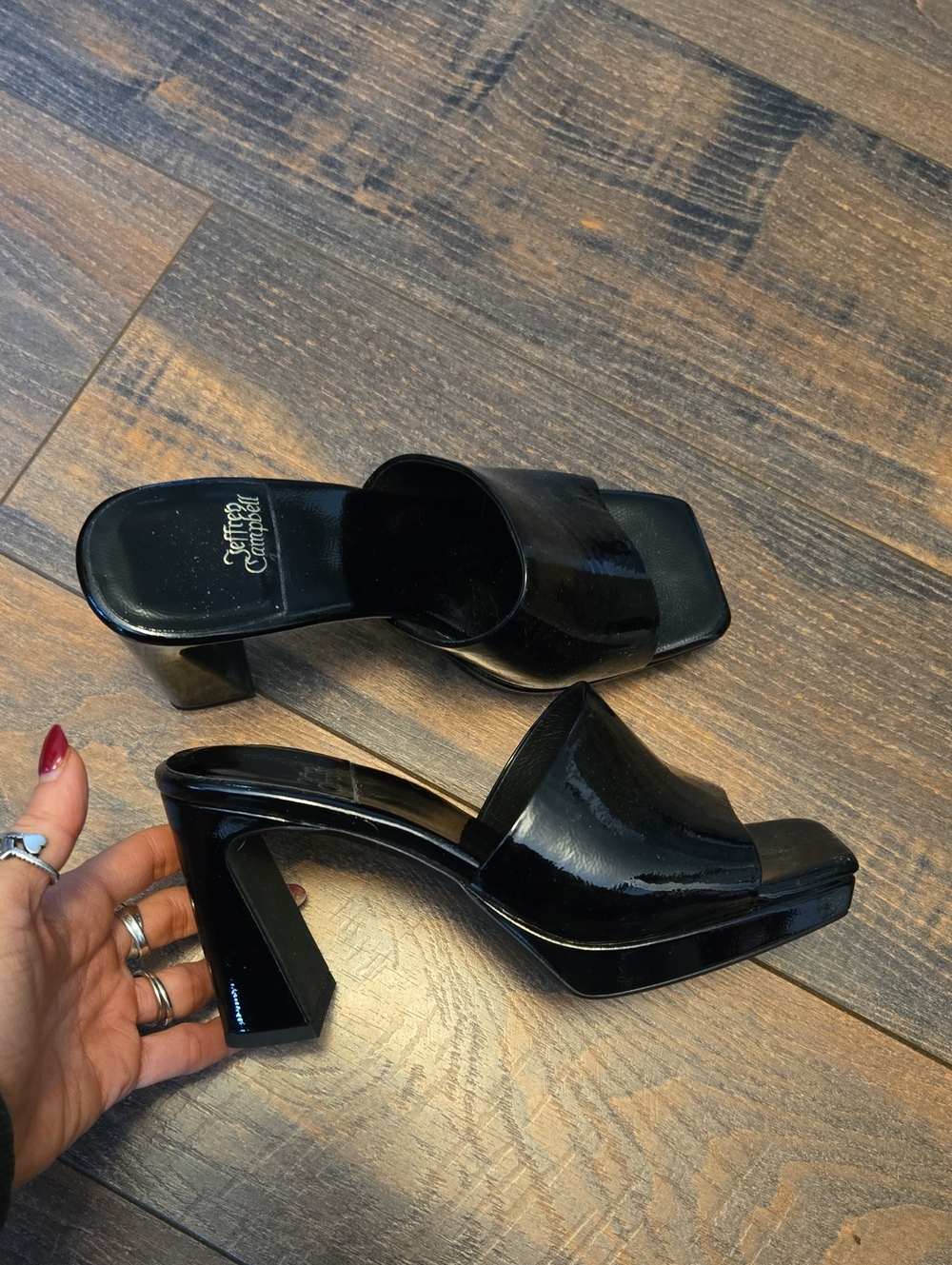 Jeffrey Campbell Dress Code Sandals, Black Patent, Size 5